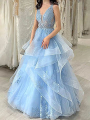 A-line V-neck Tulle Prom Dress With Cascading Ruffles and Sweep Train