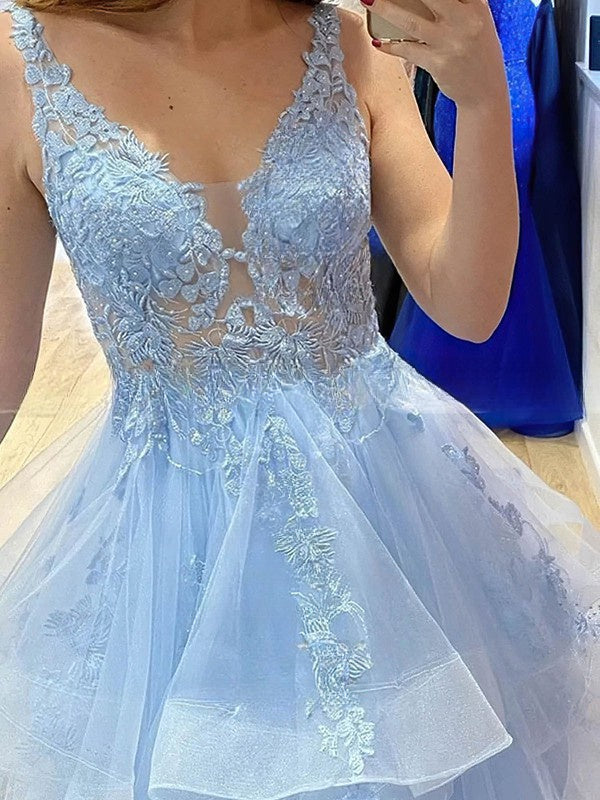 A-line V-neck Tulle Prom Dress With Cascading Ruffles and Sweep Train