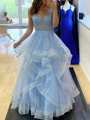 A-line V-neck Tulle Prom Dress With Cascading Ruffles and Sweep Train