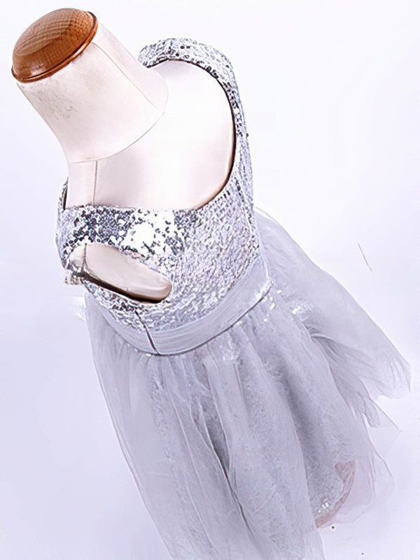 A-line V-neck Tulle Sequined Ankle-length Ruffles Flower Girl Dresses