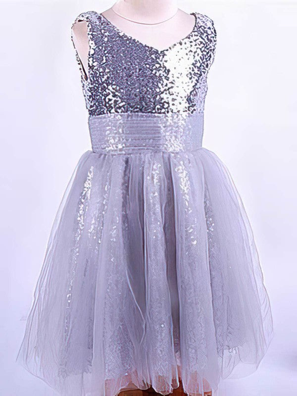 A-line V-neck Tulle Sequined Ankle-length Ruffles Flower Girl Dresses