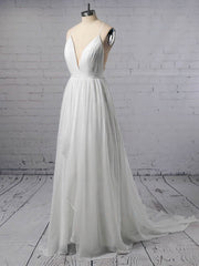 A-line V-neck Tulle Wedding Dresses With Sashes / Ribbons and Sweep Train