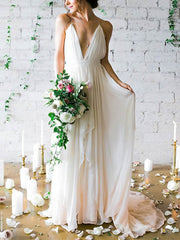 A-line V-neck Tulle Wedding Dresses With Sashes / Ribbons and Sweep Train