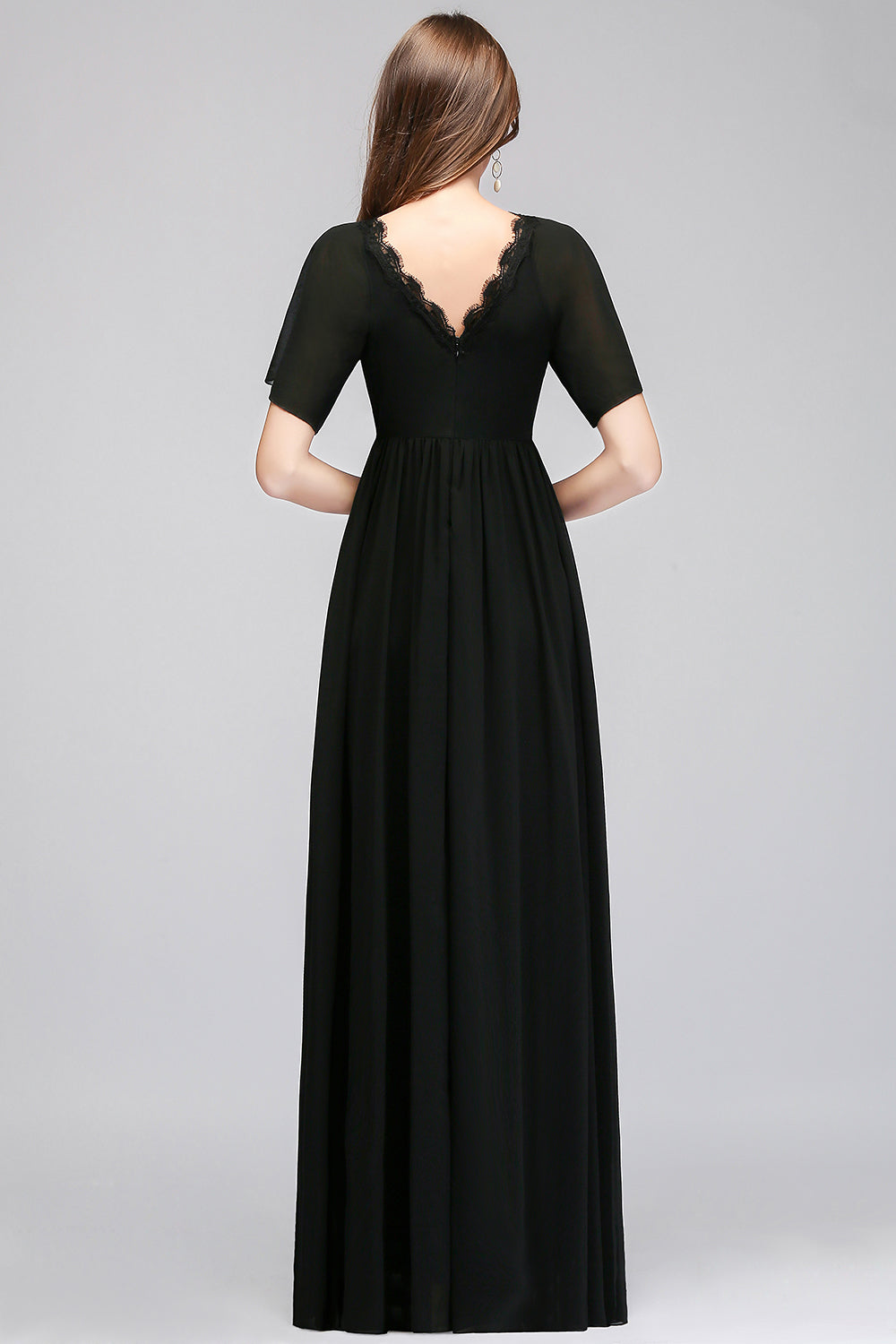 Affordable Chiffon Black V-Neck Bridesmaid Dresses with Short-Sleeves-Babyonlines