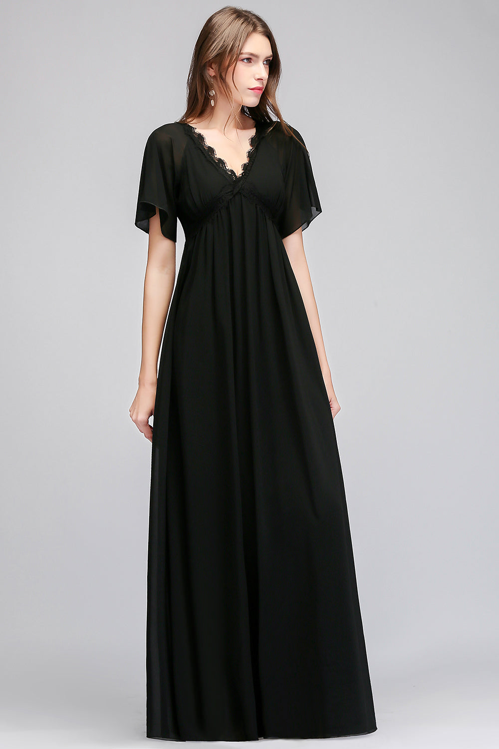 Affordable Chiffon Black V-Neck Bridesmaid Dresses with Short-Sleeves-Babyonlines