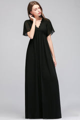 Affordable Chiffon Black V-Neck Bridesmaid Dresses with Short-Sleeves-Babyonlines