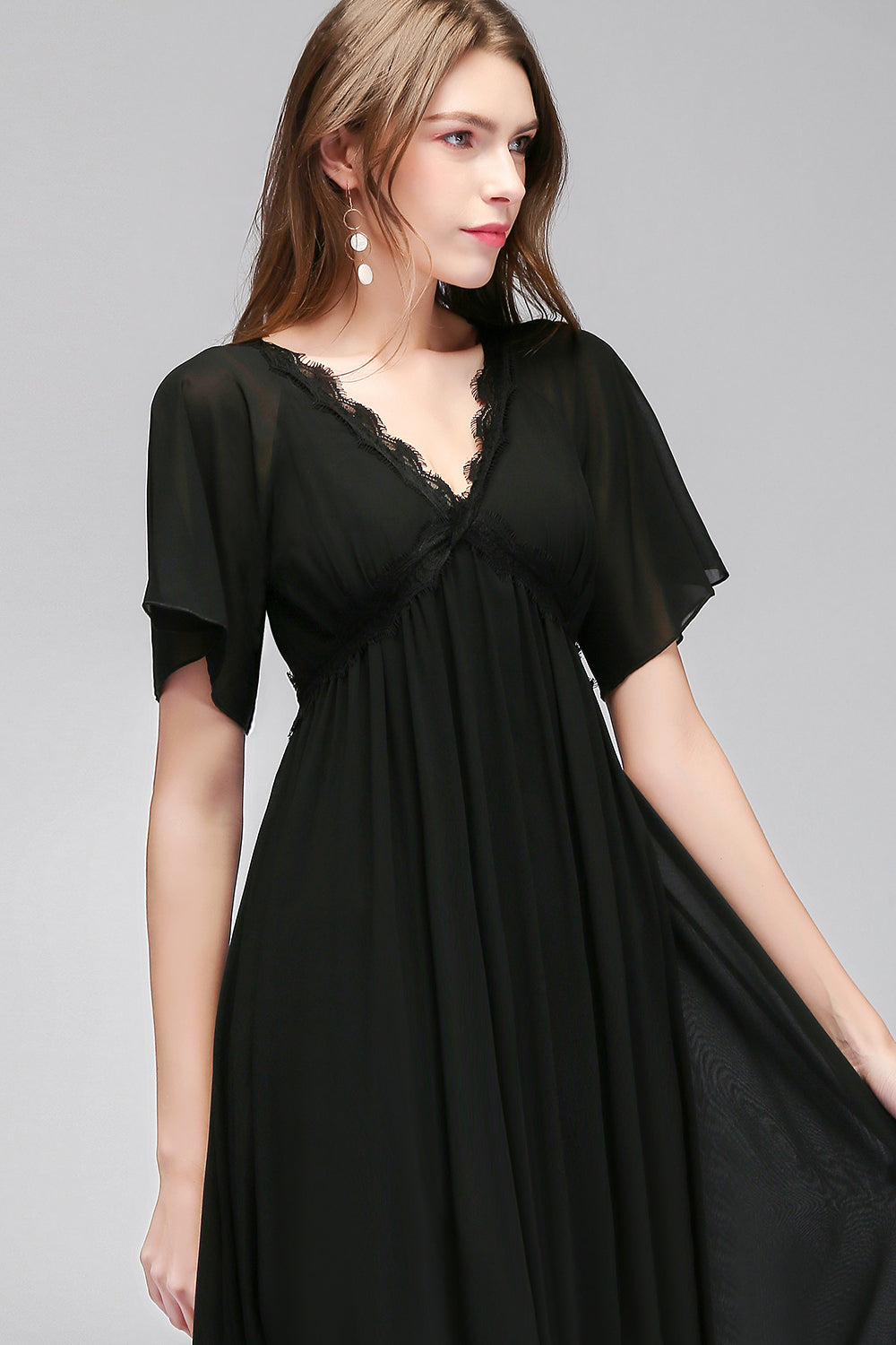 Affordable Chiffon Black V-Neck Bridesmaid Dresses with Short-Sleeves-Babyonlines