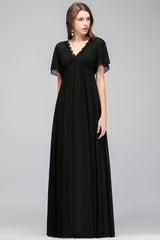 Affordable Chiffon Black V-Neck Bridesmaid Dresses with Short-Sleeves-Babyonlines