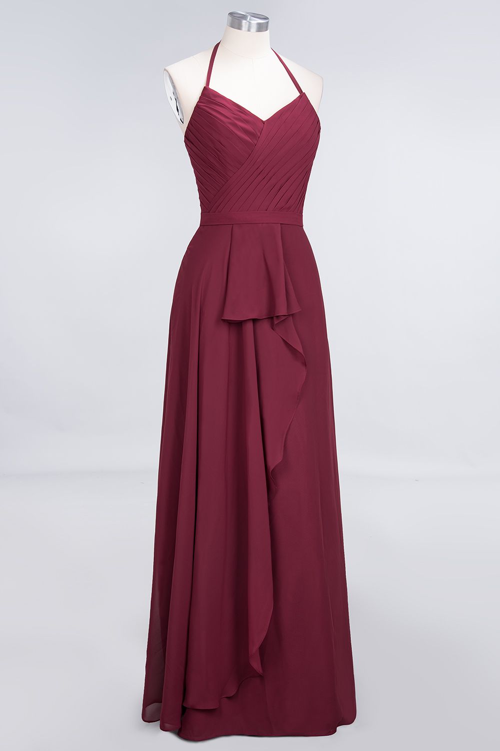 Affordable Chiffon Halter V-Neck Ruffle Burgundy Bridesmaid Dresses-Babyonlines