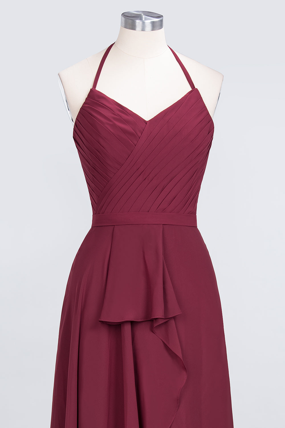 Affordable Chiffon Halter V-Neck Ruffle Burgundy Bridesmaid Dresses-Babyonlines