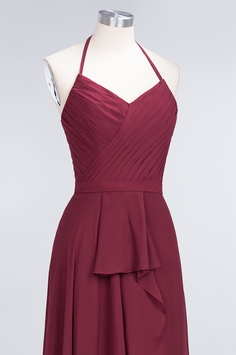 Affordable Chiffon Halter V-Neck Ruffle Burgundy Bridesmaid Dresses-Babyonlines