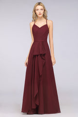 Affordable Chiffon Halter V-Neck Ruffle Burgundy Bridesmaid Dresses-Babyonlines