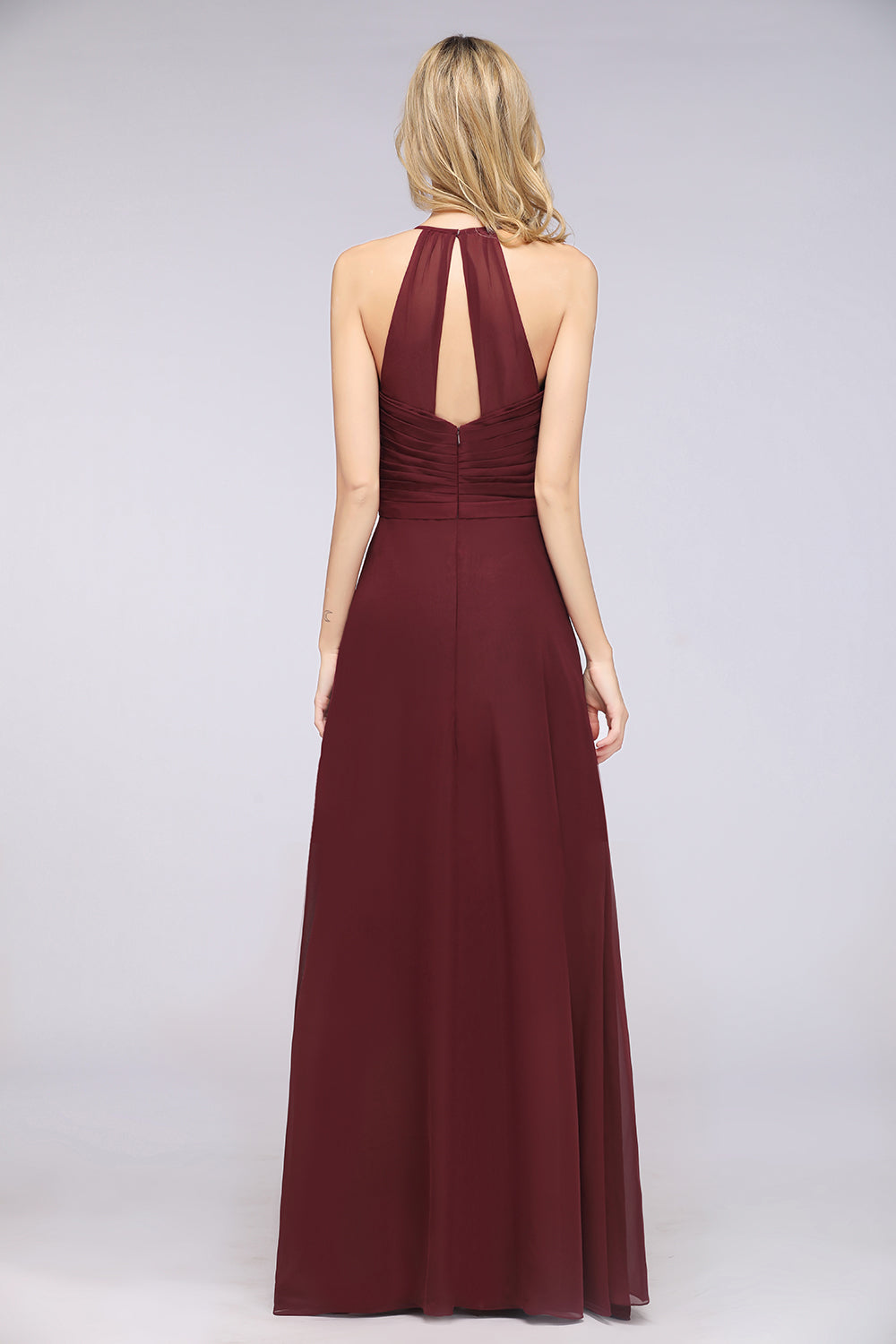 Affordable Chiffon Halter V-Neck Ruffle Burgundy Bridesmaid Dresses-Babyonlines