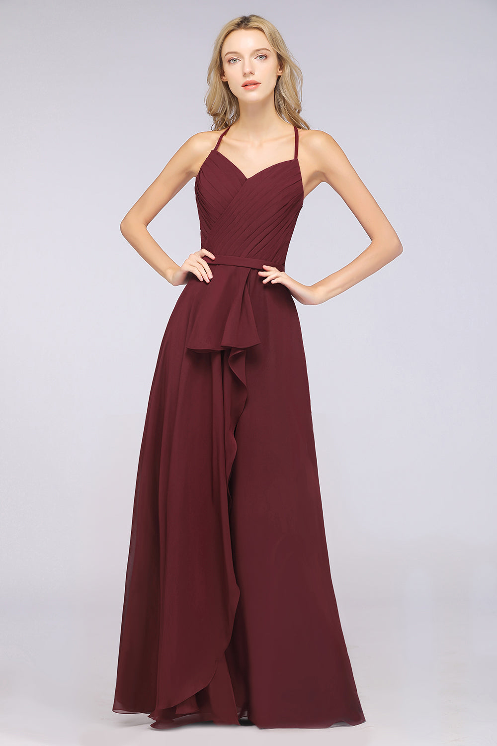 Affordable Chiffon Halter V-Neck Ruffle Burgundy Bridesmaid Dresses-Babyonlines