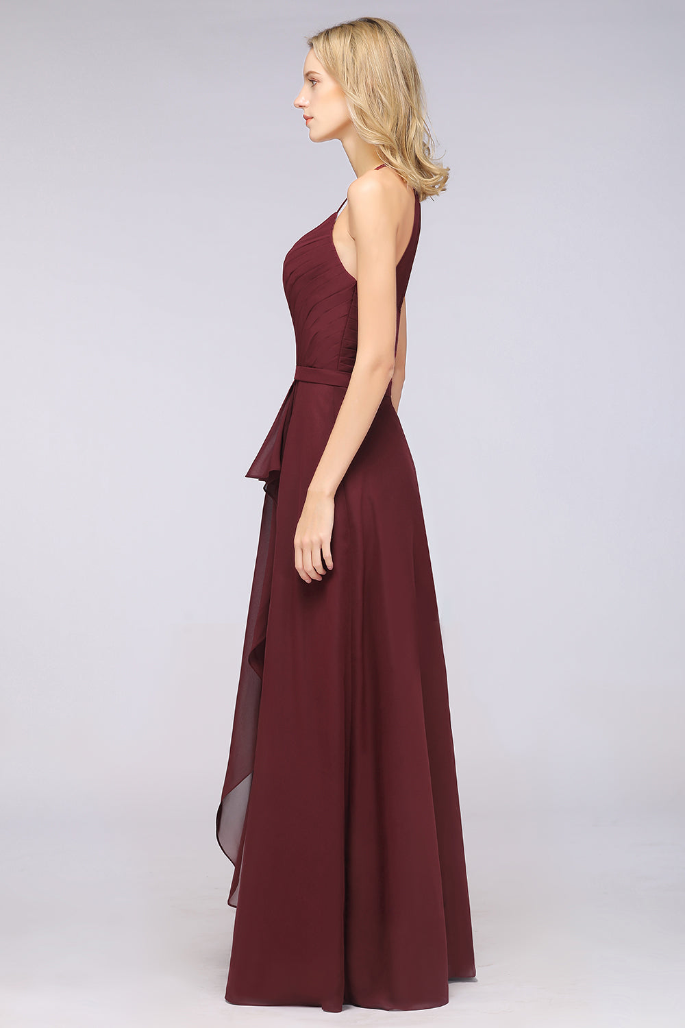 Affordable Chiffon Halter V-Neck Ruffle Burgundy Bridesmaid Dresses-Babyonlines