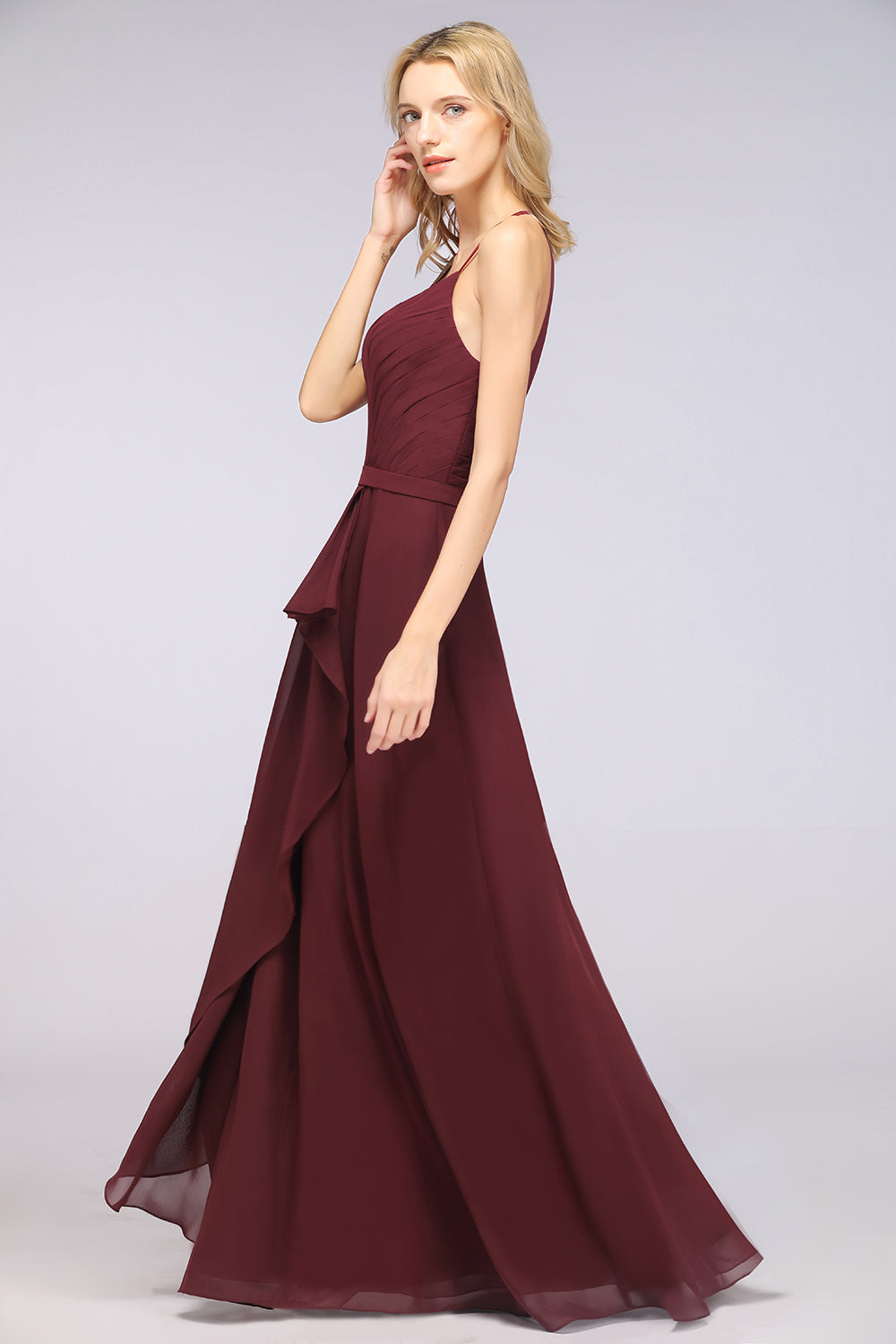 Affordable Chiffon Halter V-Neck Ruffle Burgundy Bridesmaid Dresses-Babyonlines