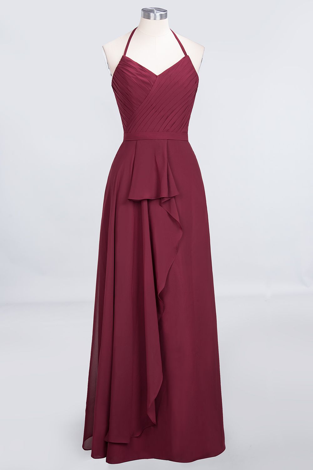 Affordable Chiffon Halter V-Neck Ruffle Burgundy Bridesmaid Dresses-Babyonlines