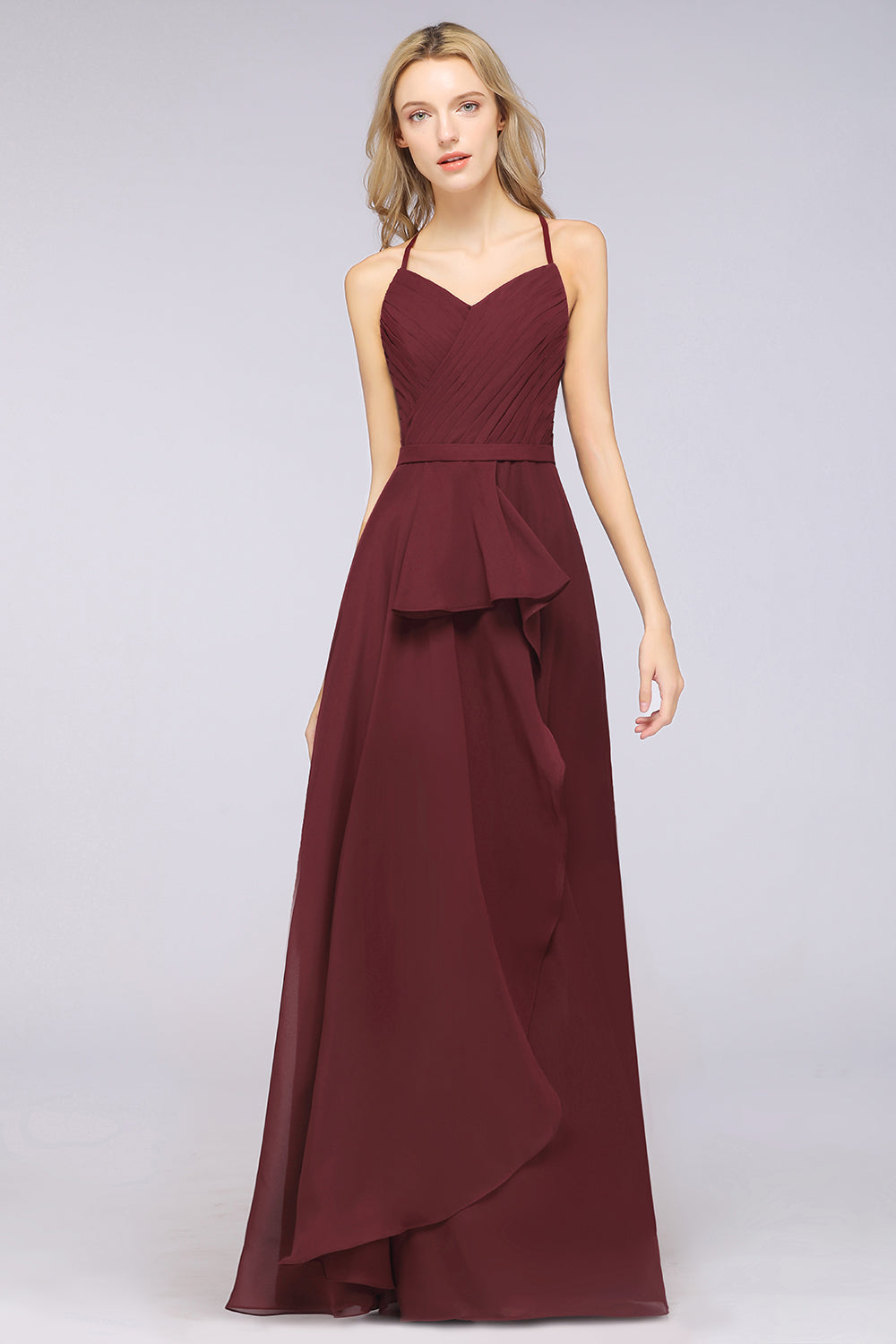 Affordable Chiffon Halter V-Neck Ruffle Burgundy Bridesmaid Dresses-Babyonlines