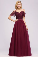 Affordable Chiffon Off-the-Shoulder Burgundy Lace Bridesmaid Dresses-Babyonlines