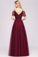 Affordable Chiffon Off-the-Shoulder Burgundy Lace Bridesmaid Dresses-Babyonlines