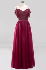 Affordable Chiffon Off-the-Shoulder Burgundy Lace Bridesmaid Dresses-Babyonlines