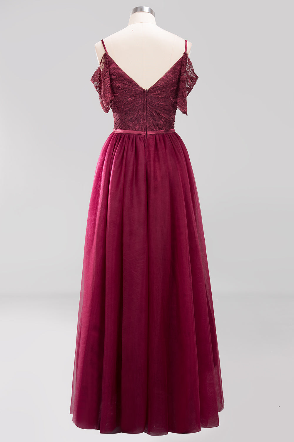 Affordable Chiffon Off-the-Shoulder Burgundy Lace Bridesmaid Dresses-Babyonlines