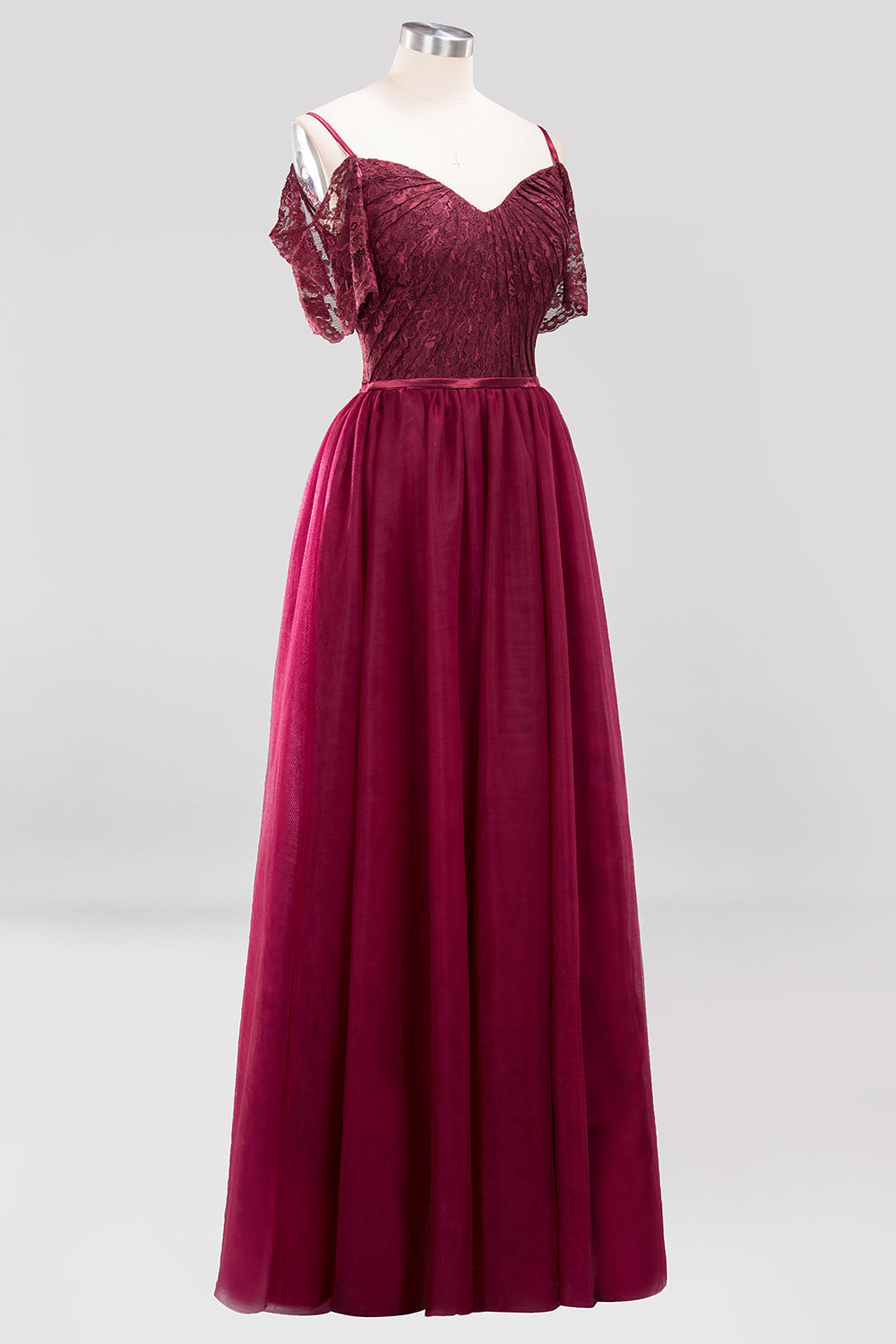 Affordable Chiffon Off-the-Shoulder Burgundy Lace Bridesmaid Dresses-Babyonlines