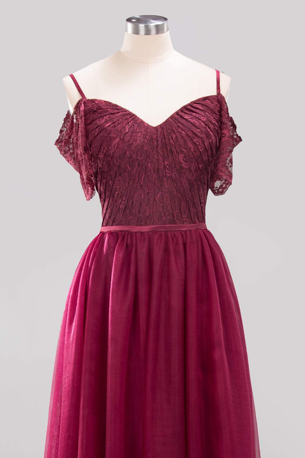 Affordable Chiffon Off-the-Shoulder Burgundy Lace Bridesmaid Dresses-Babyonlines