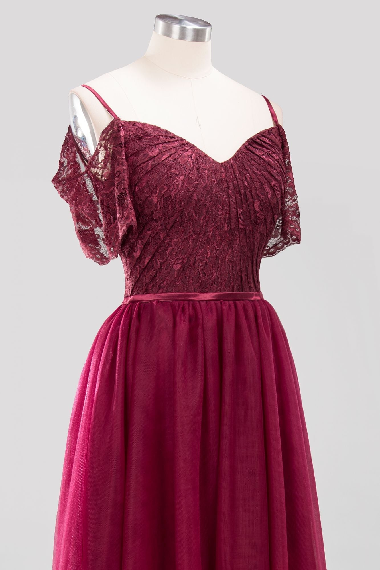 Affordable Chiffon Off-the-Shoulder Burgundy Lace Bridesmaid Dresses-Babyonlines