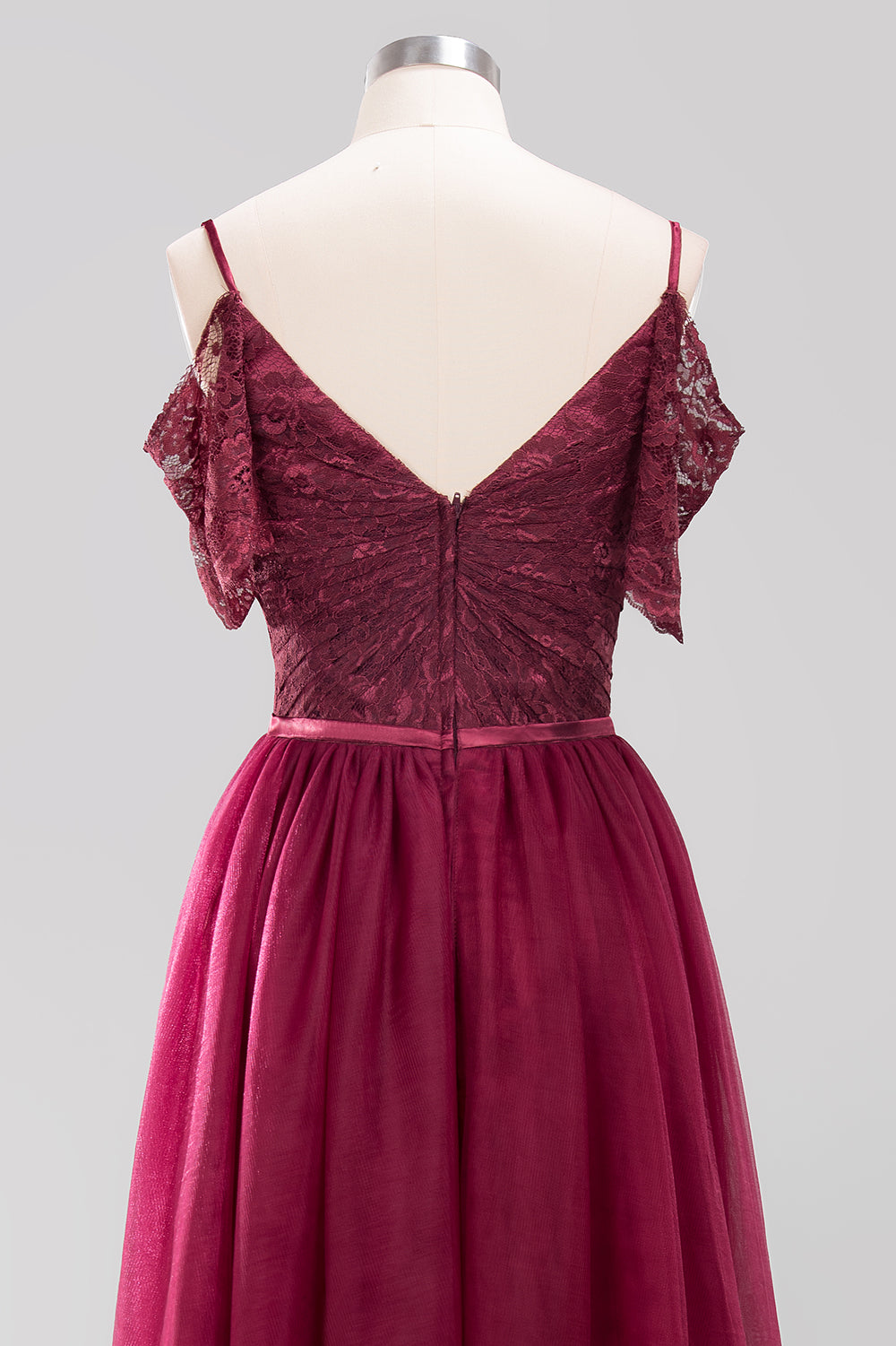 Affordable Chiffon Off-the-Shoulder Burgundy Lace Bridesmaid Dresses-Babyonlines