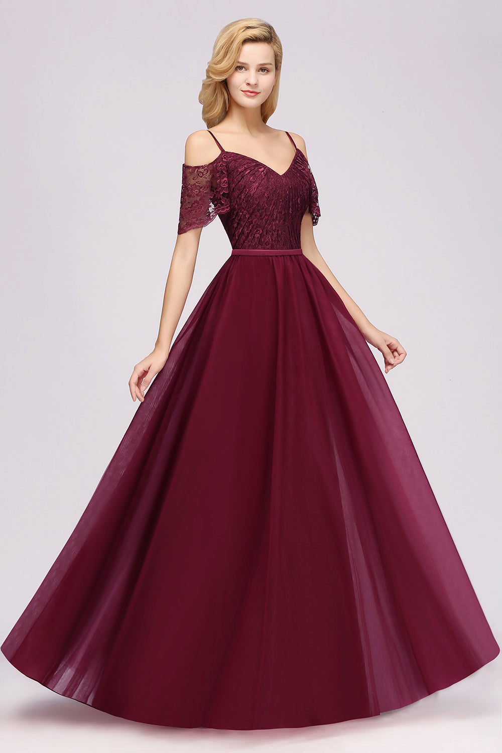 Affordable Chiffon Off-the-Shoulder Burgundy Lace Bridesmaid Dresses-Babyonlines