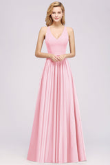 Affordable Chiffon V-Neck Sleeveless Lace Bridesmaid Dress Online-Babyonlines