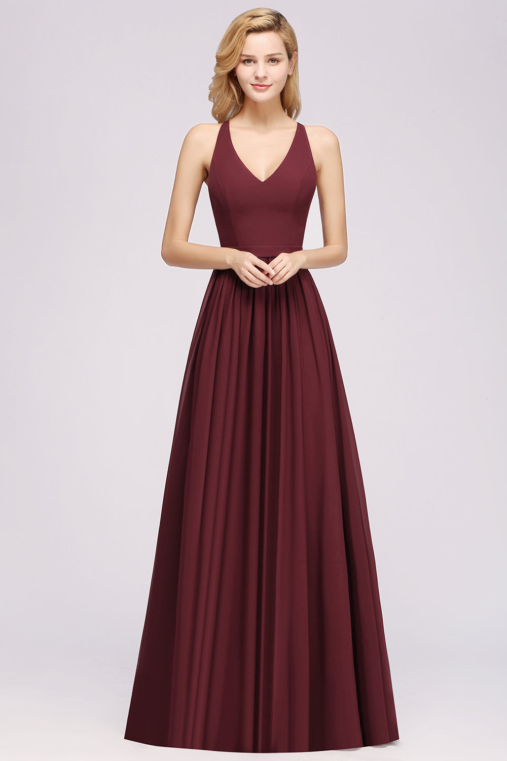 Affordable Chiffon V-Neck Sleeveless Lace Bridesmaid Dress Online-Babyonlines