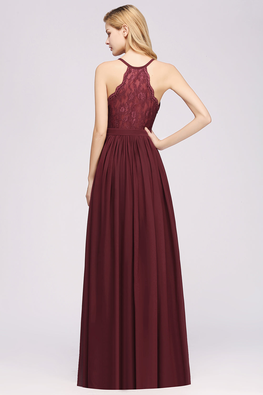 Affordable Chiffon V-Neck Sleeveless Lace Bridesmaid Dress Online-Babyonlines