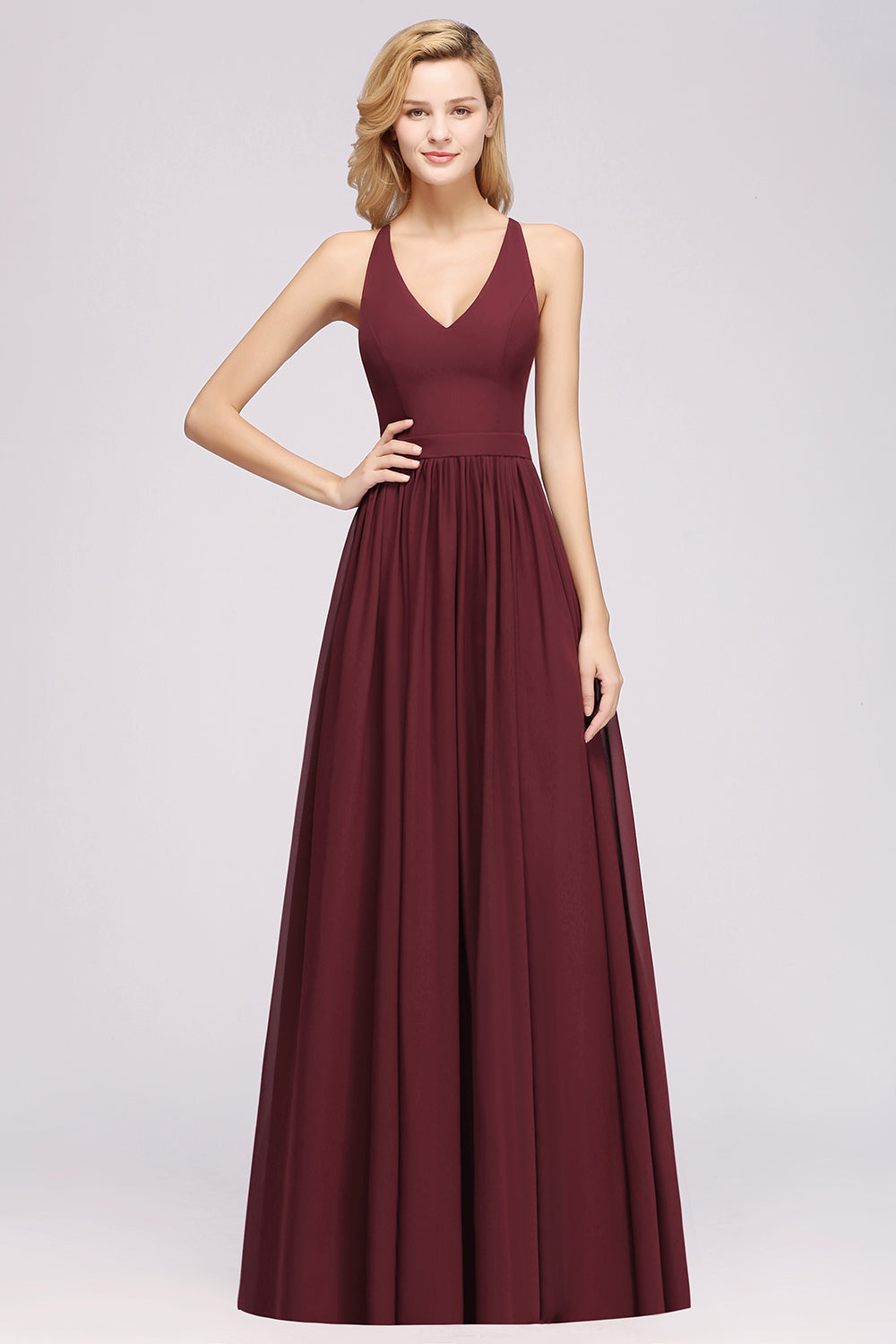 Affordable Chiffon V-Neck Sleeveless Lace Bridesmaid Dress Online-Babyonlines