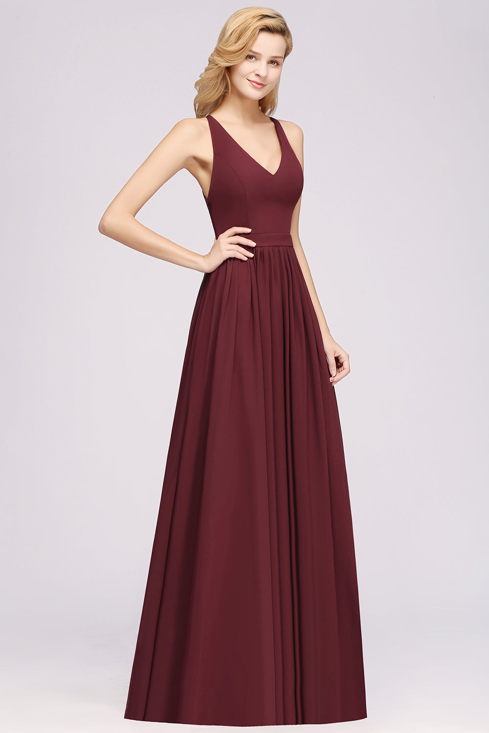 Affordable Chiffon V-Neck Sleeveless Lace Bridesmaid Dress Online-Babyonlines