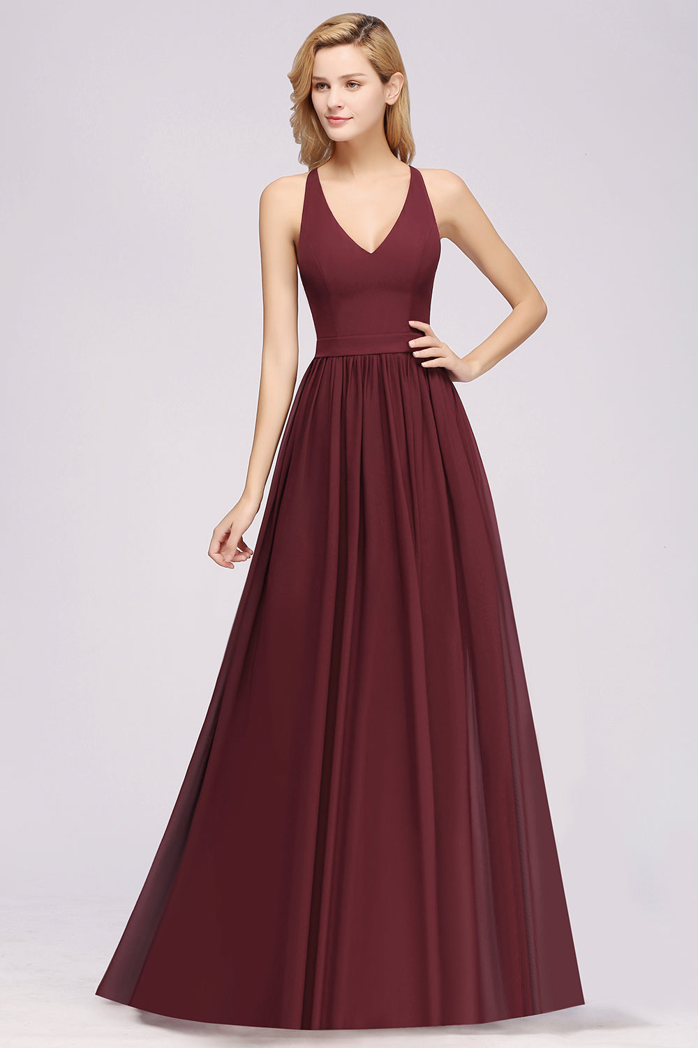 Affordable Chiffon V-Neck Sleeveless Lace Bridesmaid Dress Online-Babyonlines