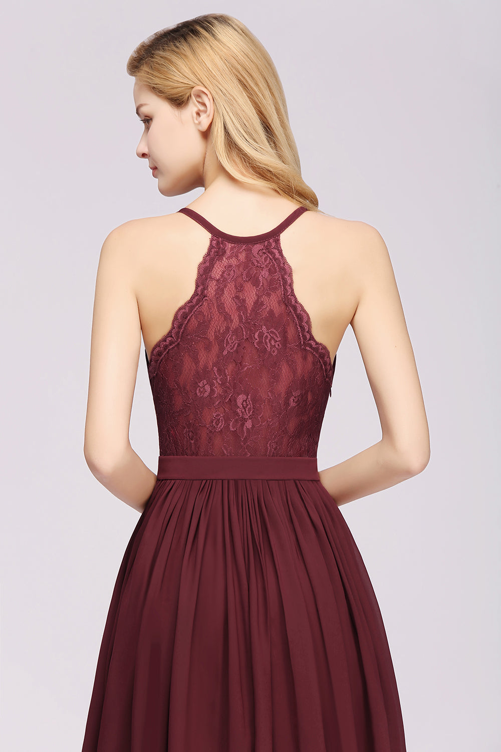 Affordable Chiffon V-Neck Sleeveless Lace Bridesmaid Dress Online-Babyonlines