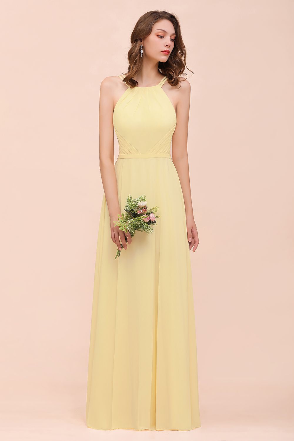 Affordable Daffodil Chiffon Sleeveless Long Bridesmaid Dress with Ruffle-Babyonlines