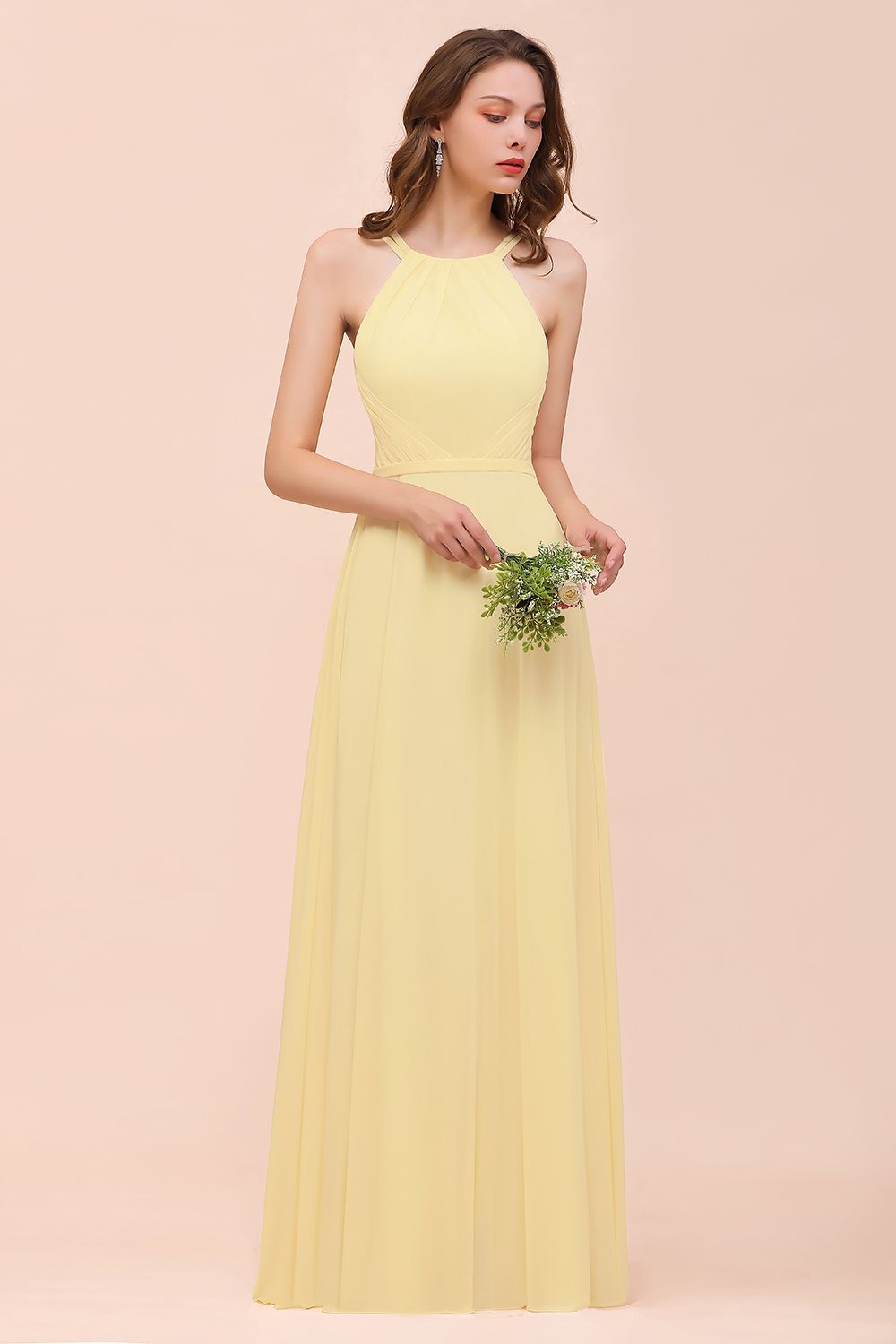 Affordable Daffodil Chiffon Sleeveless Long Bridesmaid Dress with Ruffle-Babyonlines