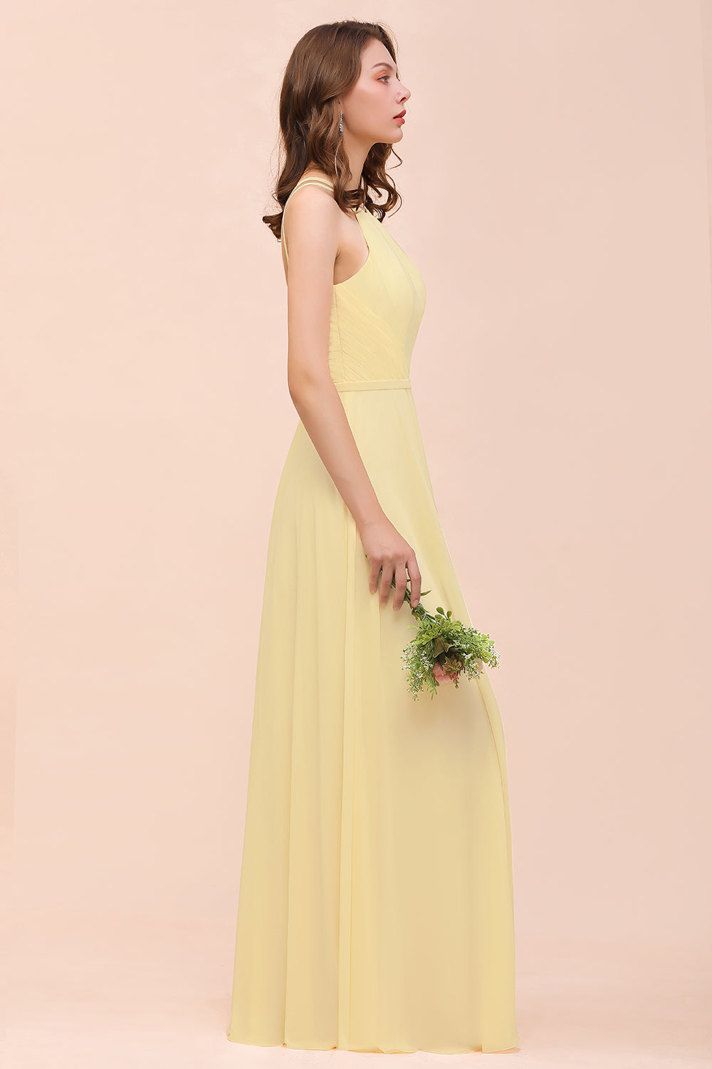 Affordable Daffodil Chiffon Sleeveless Long Bridesmaid Dress with Ruffle-Babyonlines