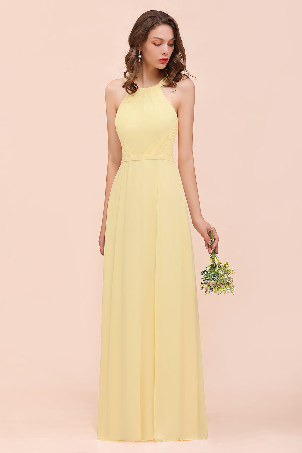 Affordable Daffodil Chiffon Sleeveless Long Bridesmaid Dress with Ruffle-Babyonlines