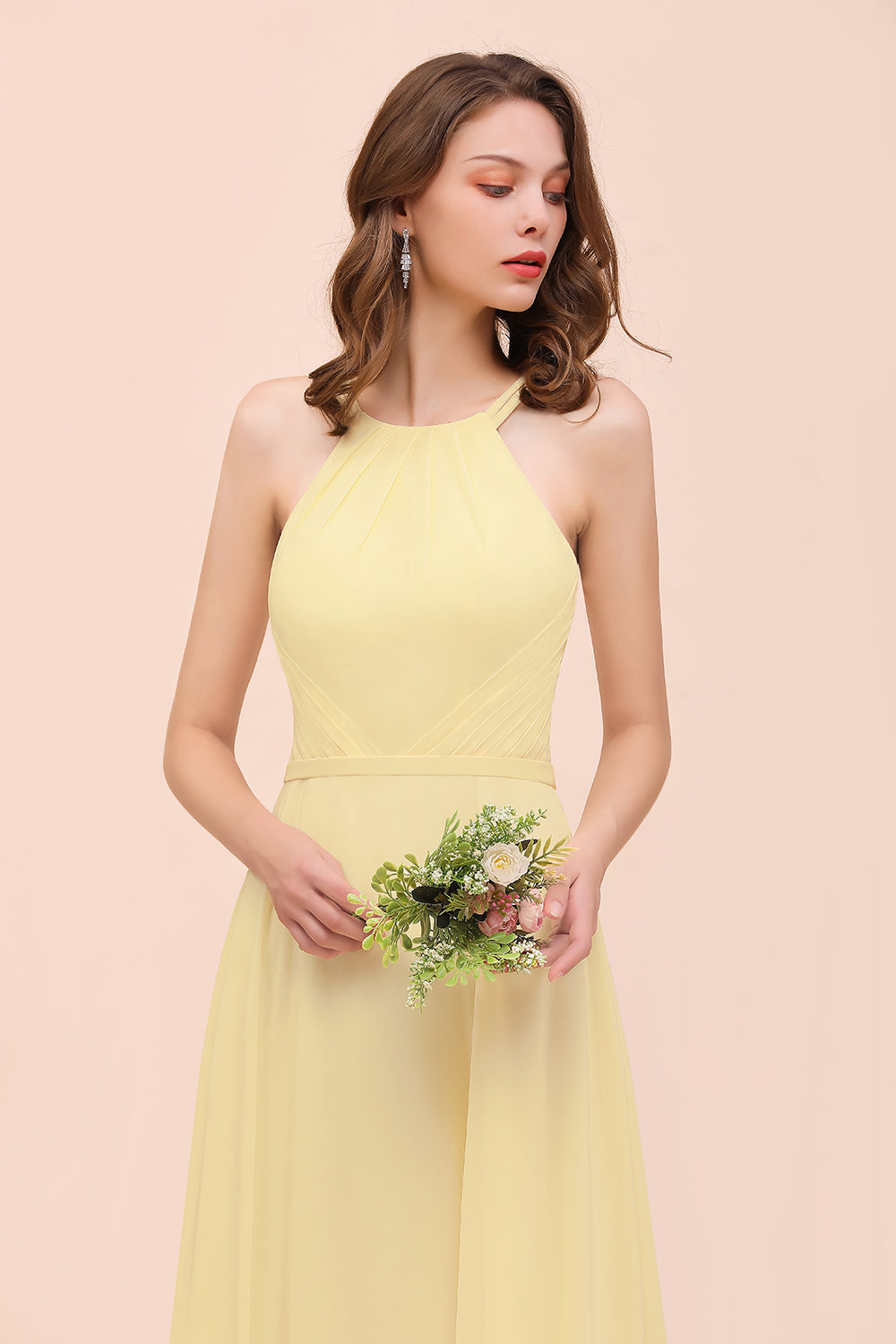 Affordable Daffodil Chiffon Sleeveless Long Bridesmaid Dress with Ruffle-Babyonlines