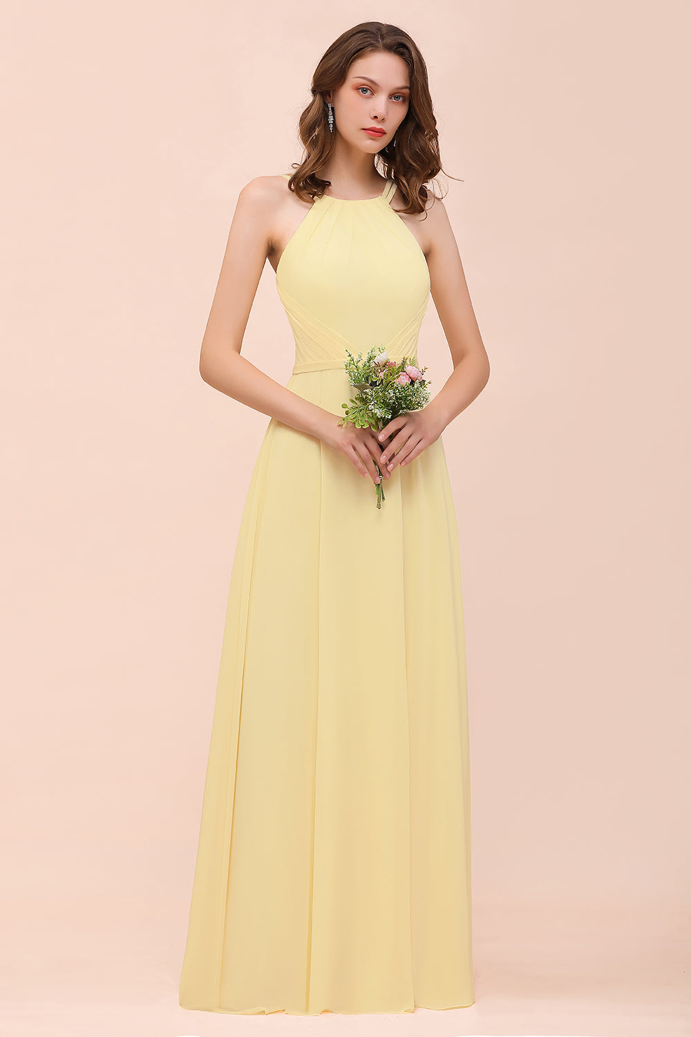 Affordable Daffodil Chiffon Sleeveless Long Bridesmaid Dress with Ruffle-Babyonlines