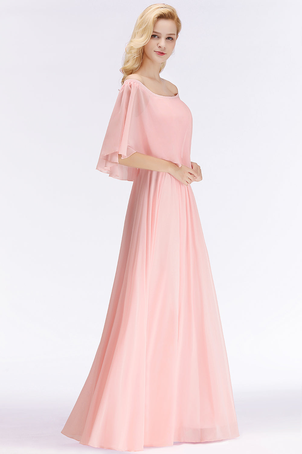 Affordable Flounced Crinkle Halter Bridesmaid Dresses Modest Pink Chiffon Wedding Party Dress-Babyonlines