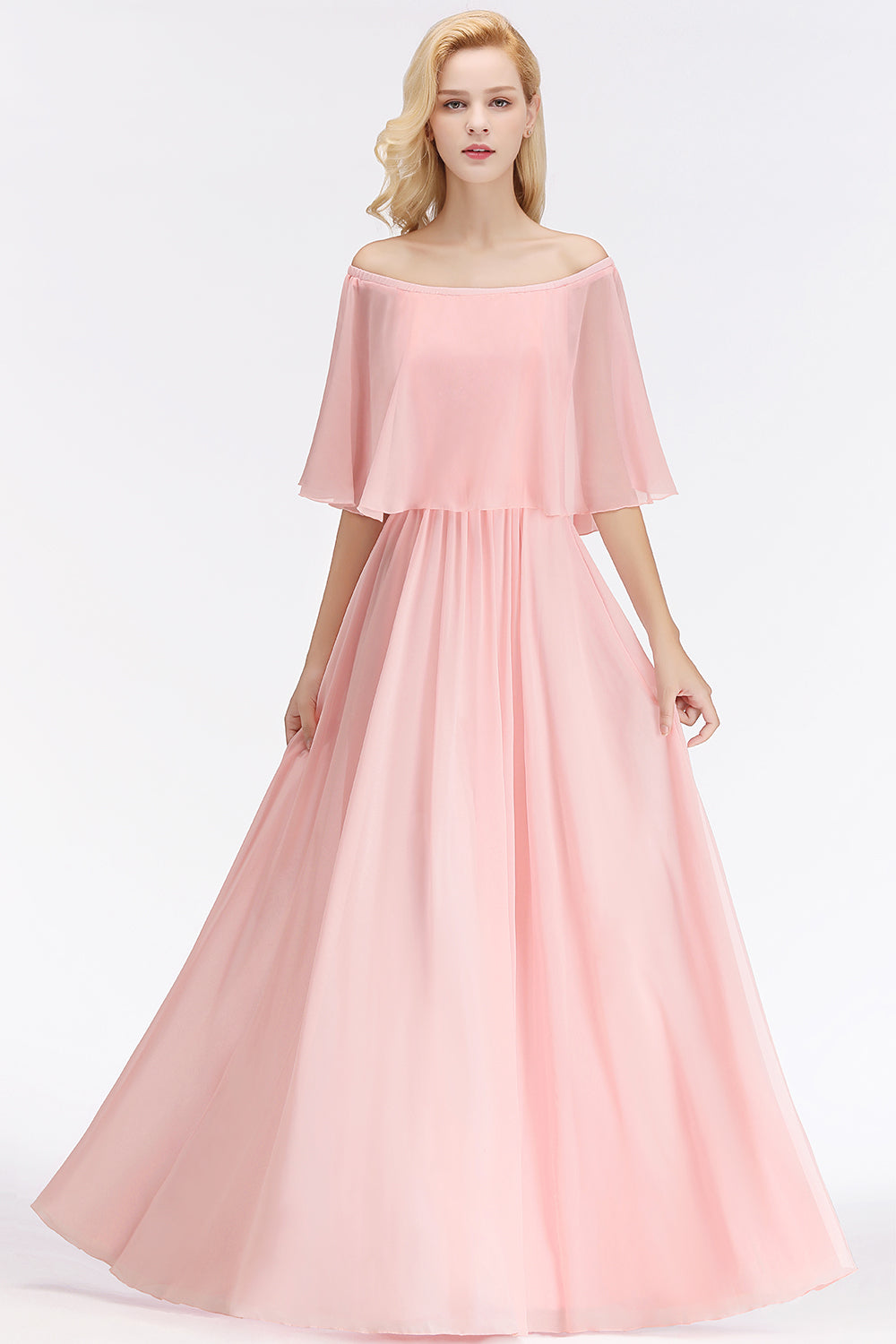 Affordable Flounced Crinkle Halter Bridesmaid Dresses Modest Pink Chiffon Wedding Party Dress-Babyonlines