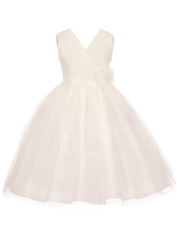 Affordable Flower Girl Dresses with Princess V-neck, Tulle Floor-length & Sashes / Ribbons