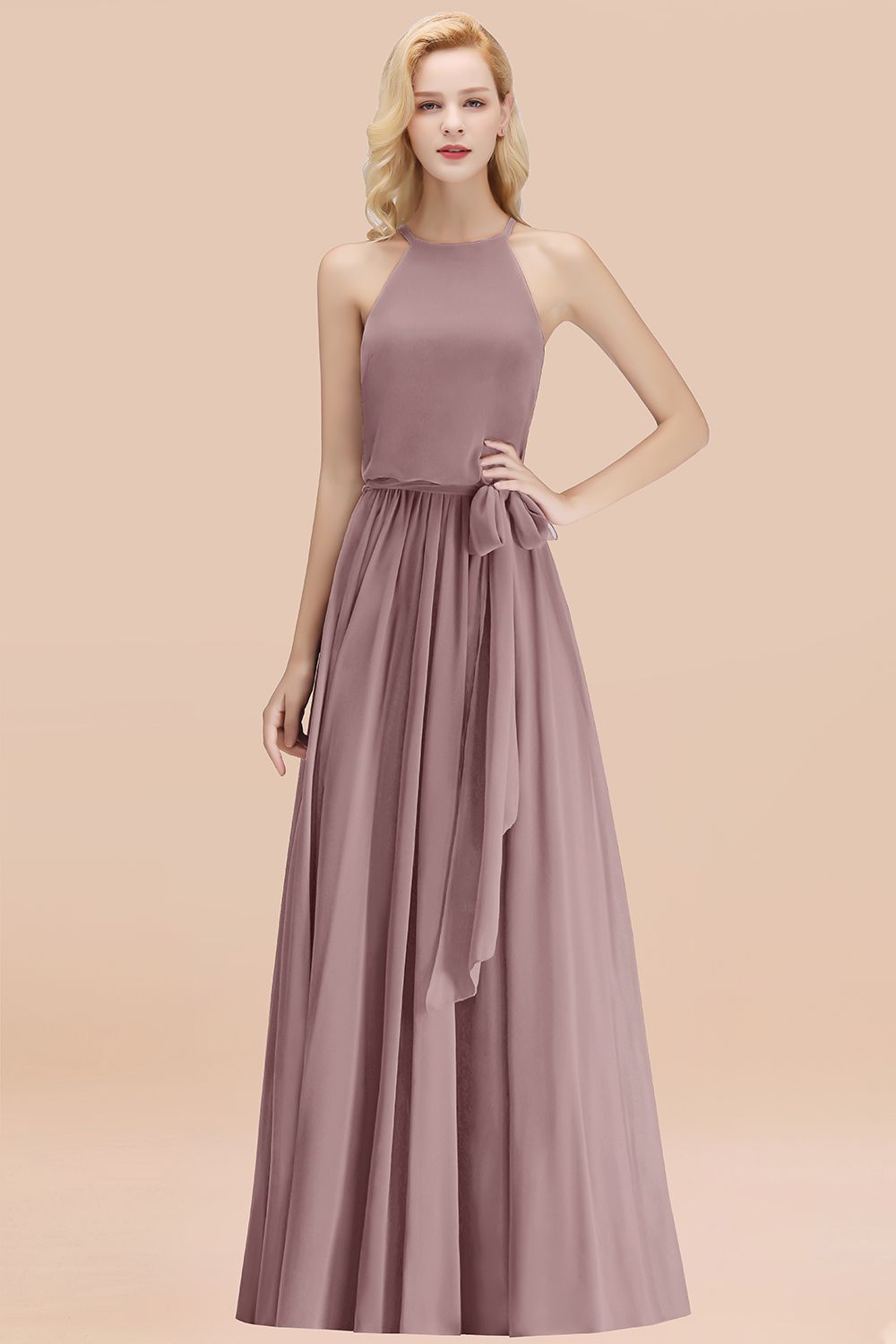 Affordable Halter Bow Long Bridesmaid Dress Modest Burgundy Chiffon Wedding Party Dress-Babyonlines