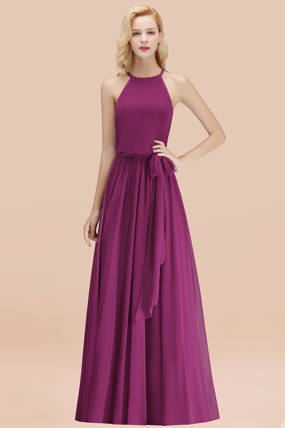 Affordable Halter Bow Long Bridesmaid Dress Modest Burgundy Chiffon Wedding Party Dress-Babyonlines