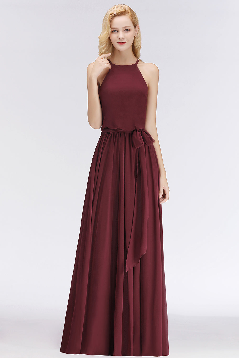 Affordable Halter Bow Long Bridesmaid Dress Modest Burgundy Chiffon Wedding Party Dress-Babyonlines